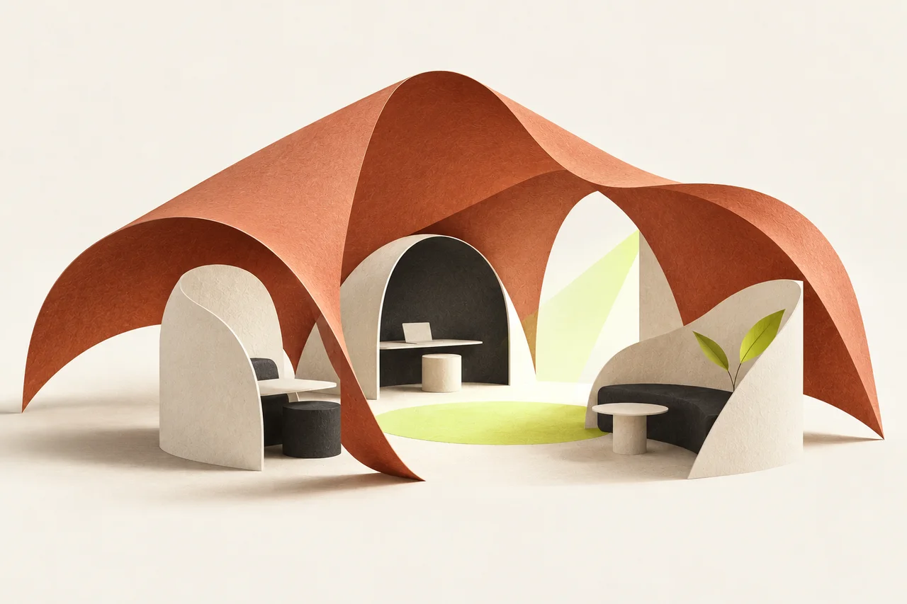 Illustration originale : un abri de papier terracotta réunit des alcôves ouvertes autour d’un espace partagé.