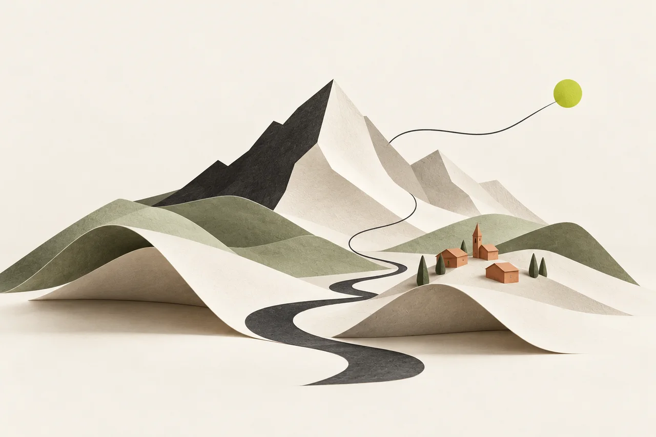 Illustration originale : un paysage de montagnes et de village béarnais se plie en papier, tandis qu’une rivière se prolonge en trait de dessin.