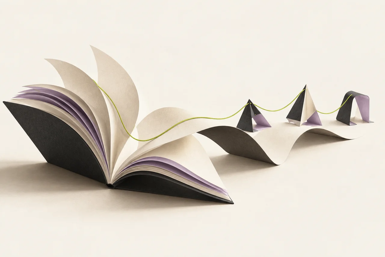 Illustration originale : les pages d’un livre deviennent un passage vers des formes autonomes, reliées par un fil vert.
