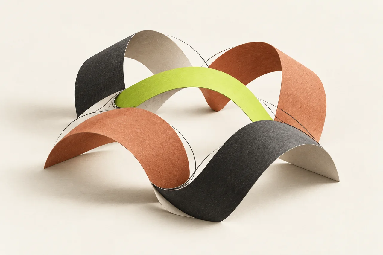 Illustration originale : des arches de papier indépendantes se rejoignent et se soutiennent, avec un lien vert au centre.