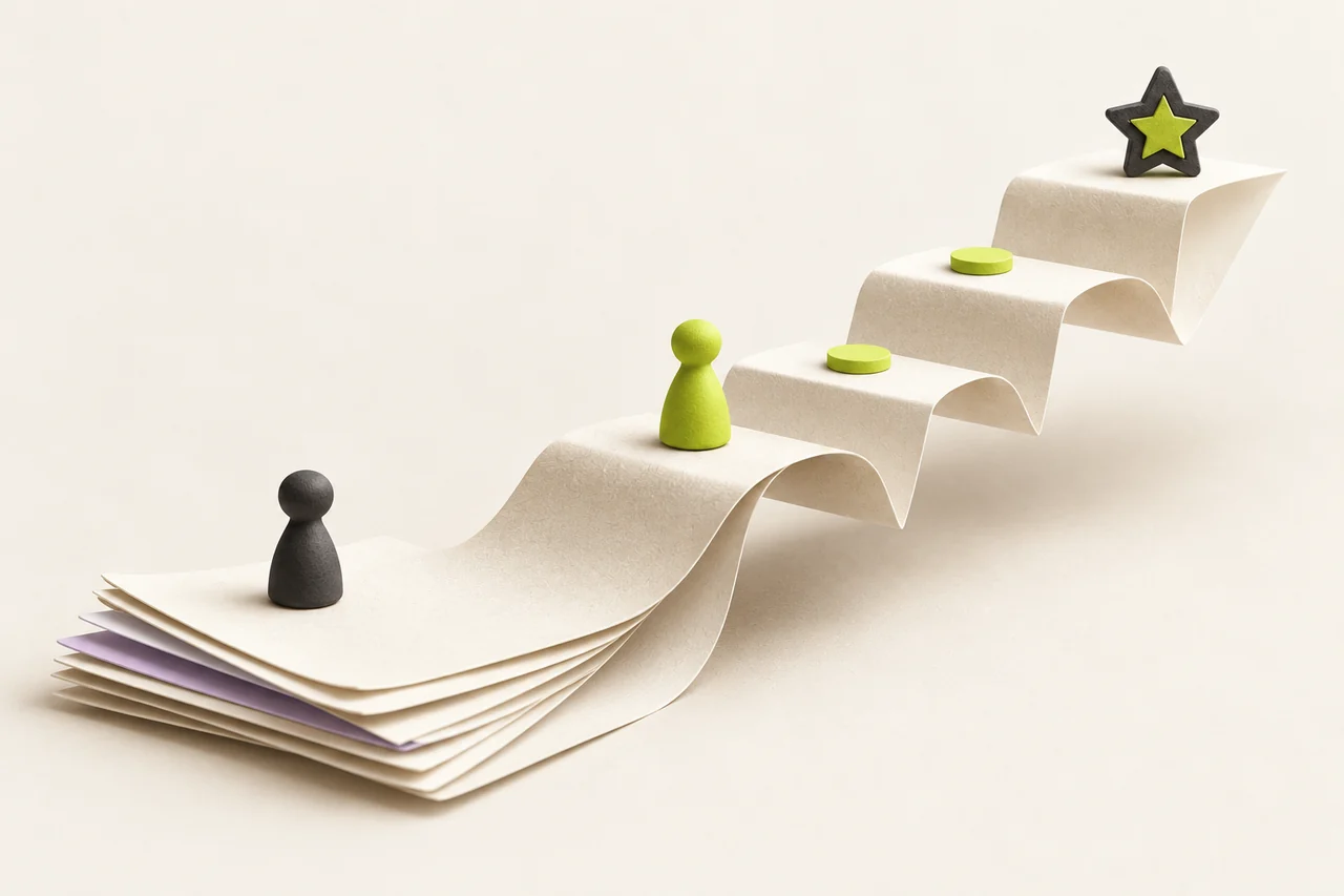 Illustration originale : des feuilles de cours se plient en un parcours à étapes ; un pion vert avance vers une étoile, accompagné par un second pion au départ.