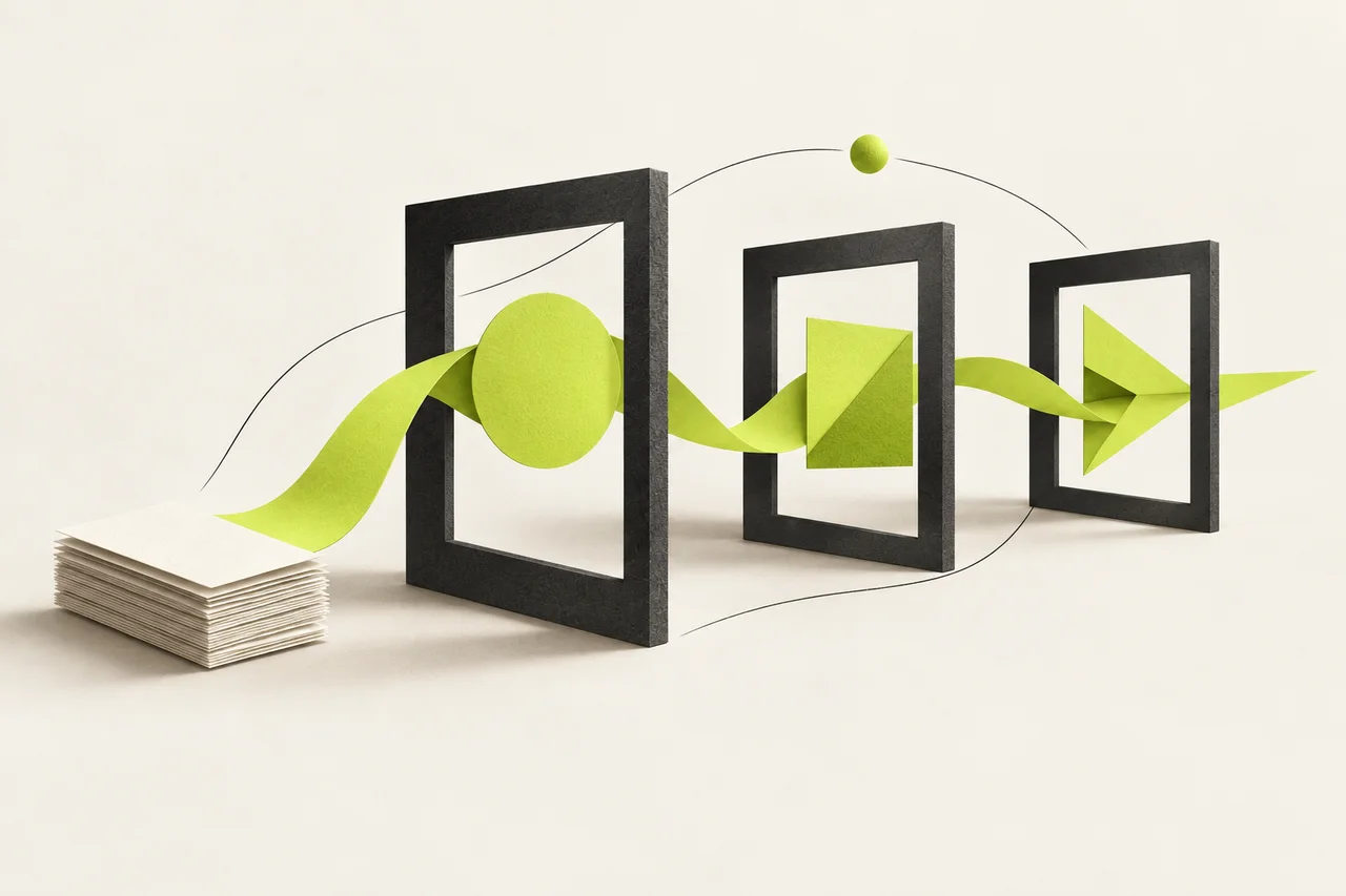 Illustration originale : un ruban vert traverse trois cadres sombres et y déploie des formes différentes, comme un message diffusé sur plusieurs écrans.