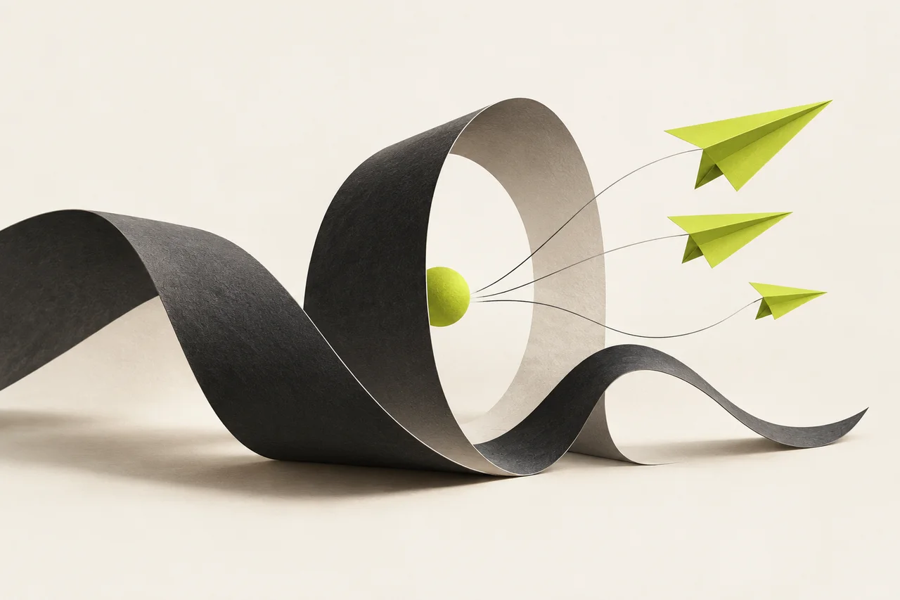 Illustration originale : un ruban de papier forme une ouverture d’où s’envolent trois avions verts, métaphore d’une idée devenue message.