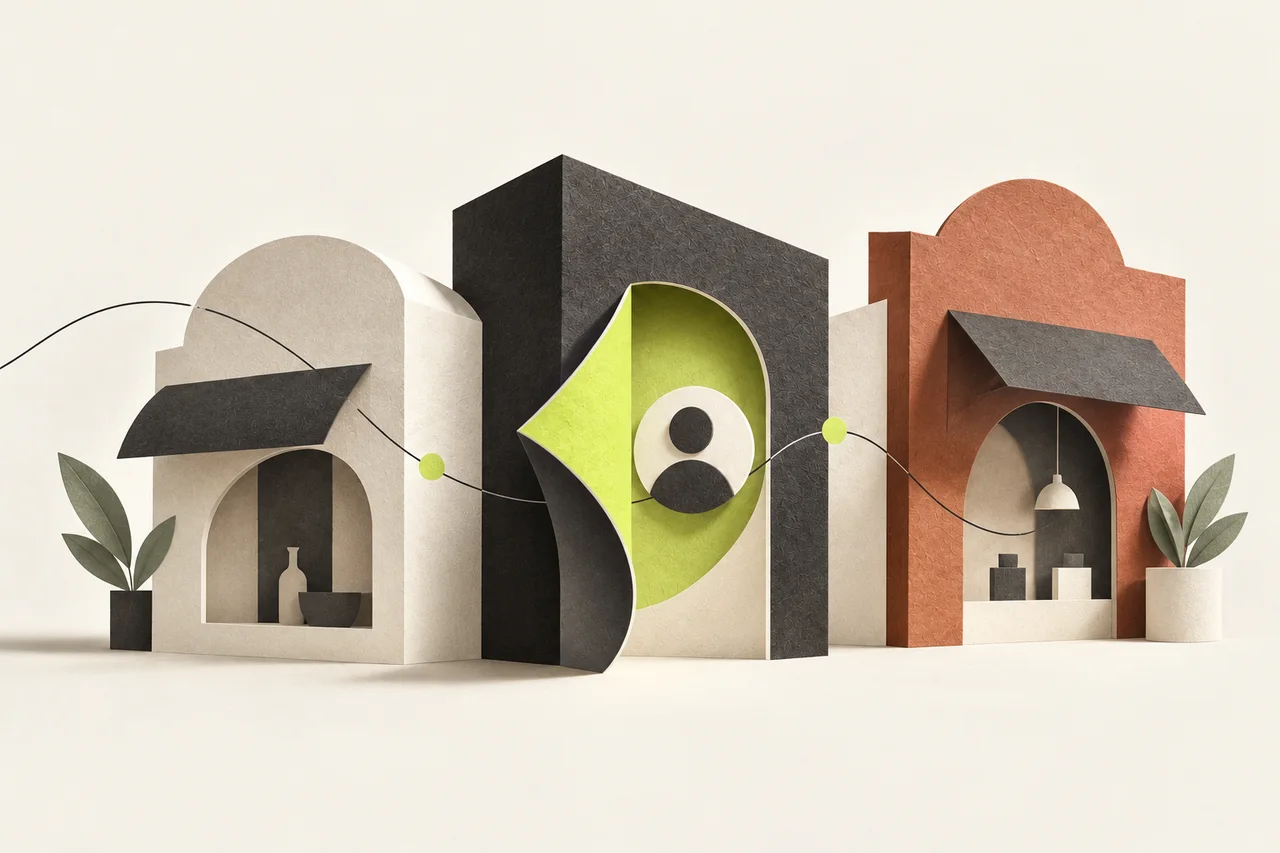 Illustration originale : trois façades en papier s’ouvrent sur un portrait symbolique, reliées par un trait qui traverse le quartier.