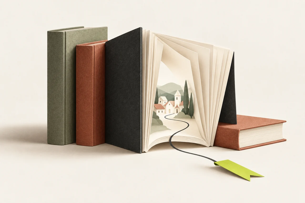 Illustration originale : des livres de papier s’ouvrent sur un village et des collines ; un trait d’encre rejoint un marque-page vert, comme une histoire qui trouve son lecteur.