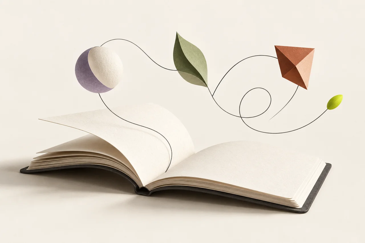 Illustration originale : un fil s’élève d’un carnet ouvert et relie une sphère, une feuille et une forme pliée, jusqu’à une nouvelle pousse verte.